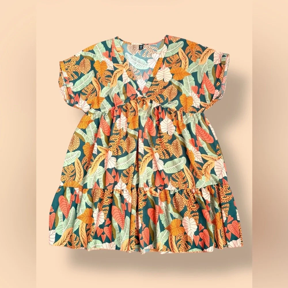 SHEIN Green Multi-Color Tropical Leaf V-Neck Smock Dress - Picture 3 of 6
